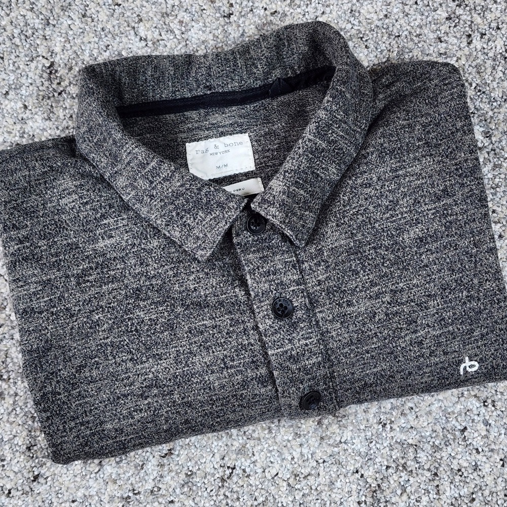 Rag & Bone Polo Shirt Mens Medium Grey Marl Textured Knit Short Sleeve Excellent